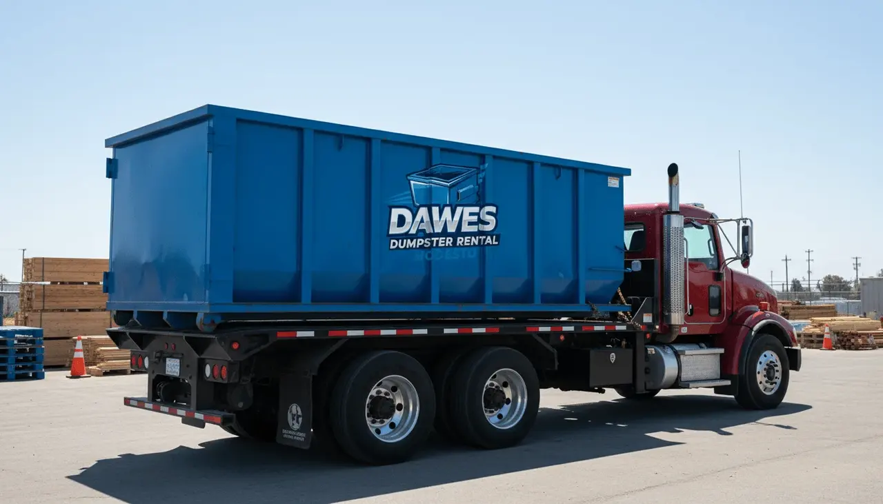 Our dumpster rental process in Modesto Roll-off dumpster on a delivery truck being set on a Modesto, CA property