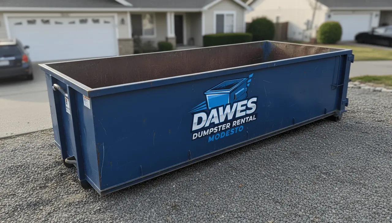 Stanislaus County disposal rules and dumpster loading Blue roll-off dumpster loaded for disposal under Stanislaus County landfill rules in Modesto, CA