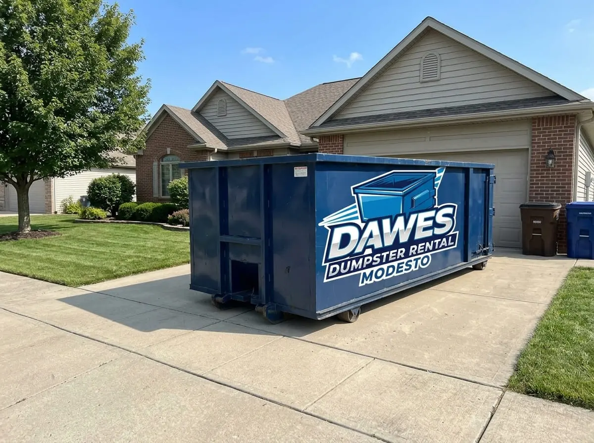 Local dumpster rental in Modesto Dawes Dumpster Rental roll-off dumpster delivered to a residential driveway in Modesto, CA